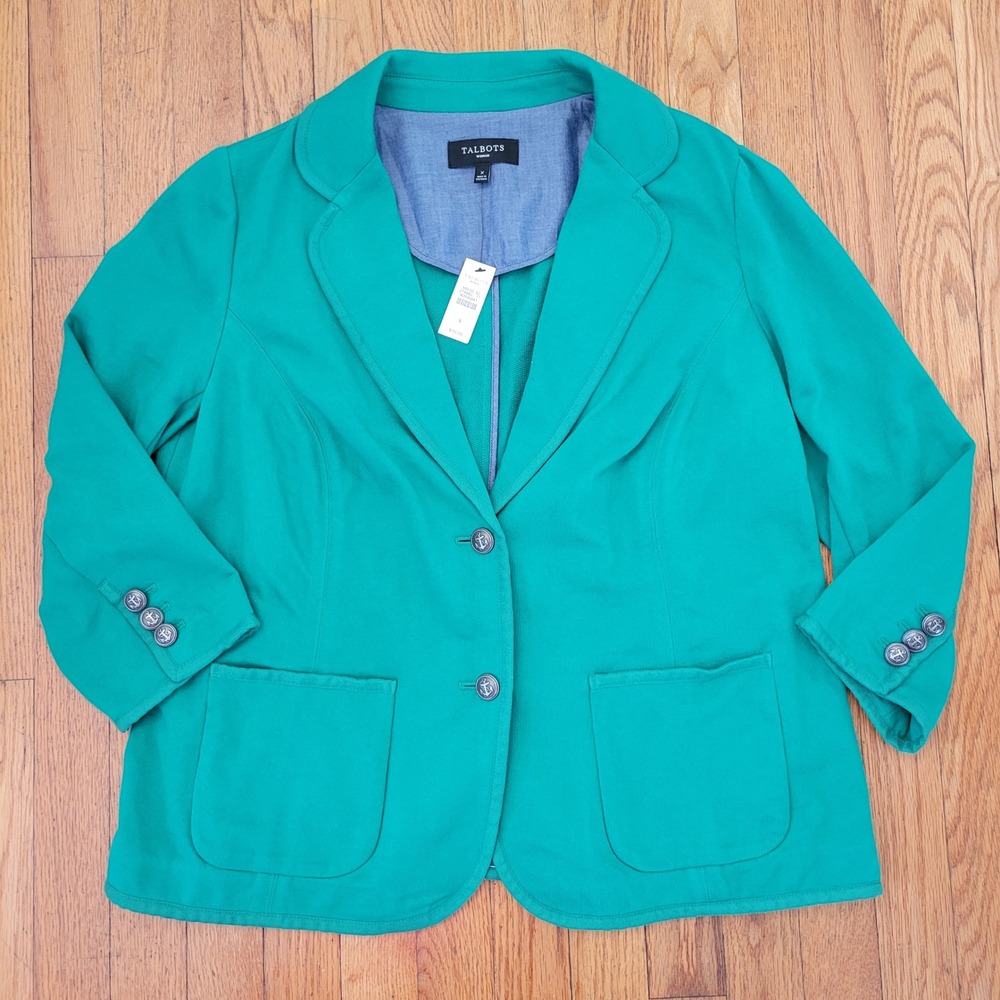 Talbots Kelly Green X Cotton Blazer Anchor Button Detail NWT Jacket Twee Preppy